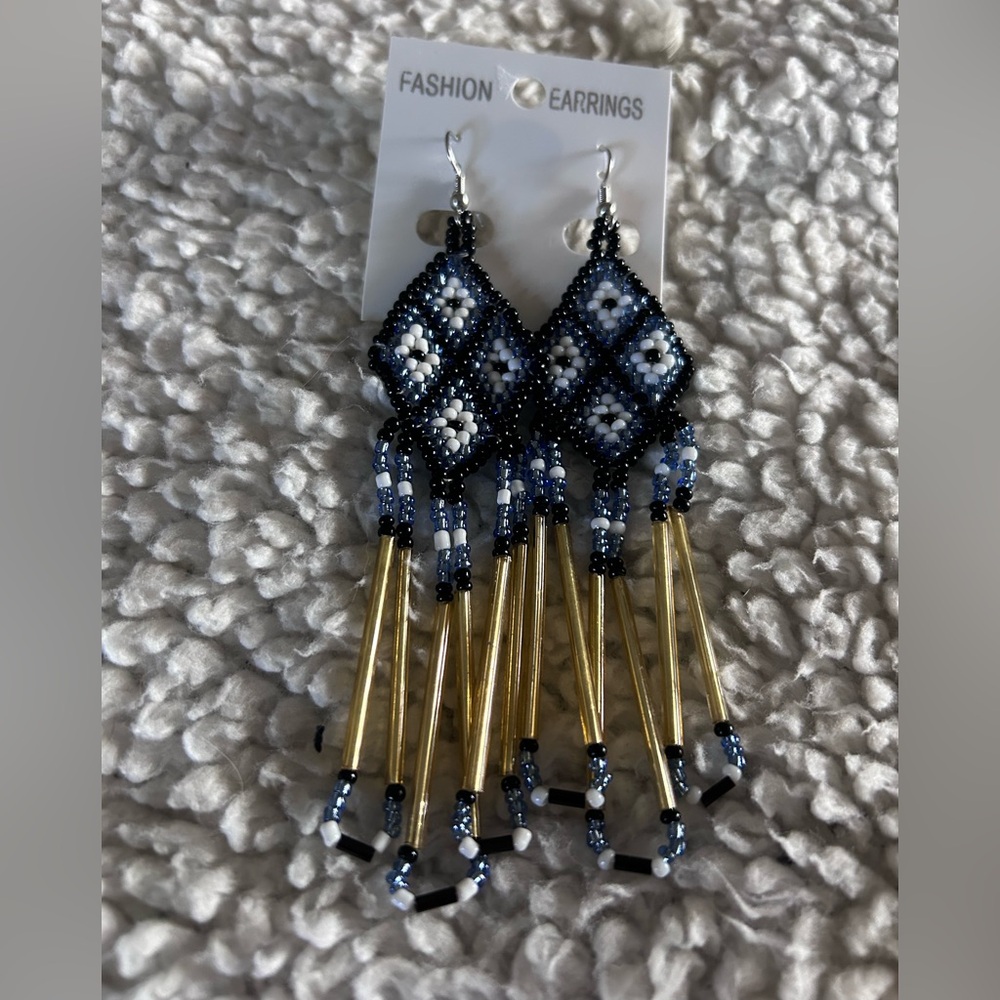 Elegant Beaded Dangle Earrings - Black, Blue, Gold